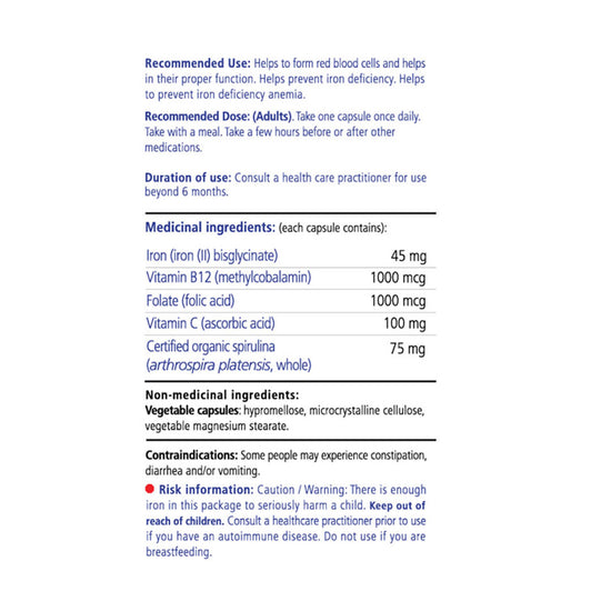 VITALITY Power Iron + Organic Spirulina l 45mg Iron Bisglycinate & B12